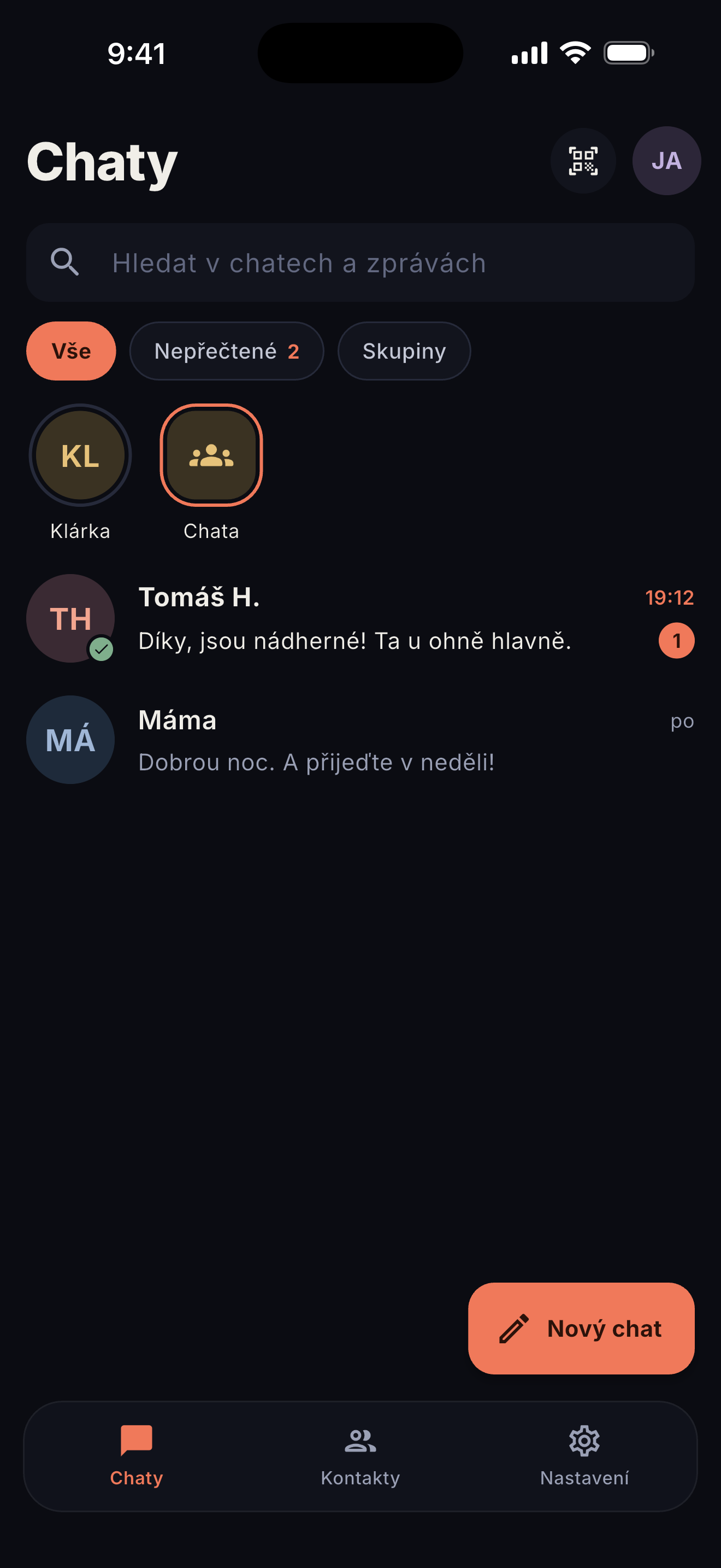 Seznam konverzací v aplikaci Šepot