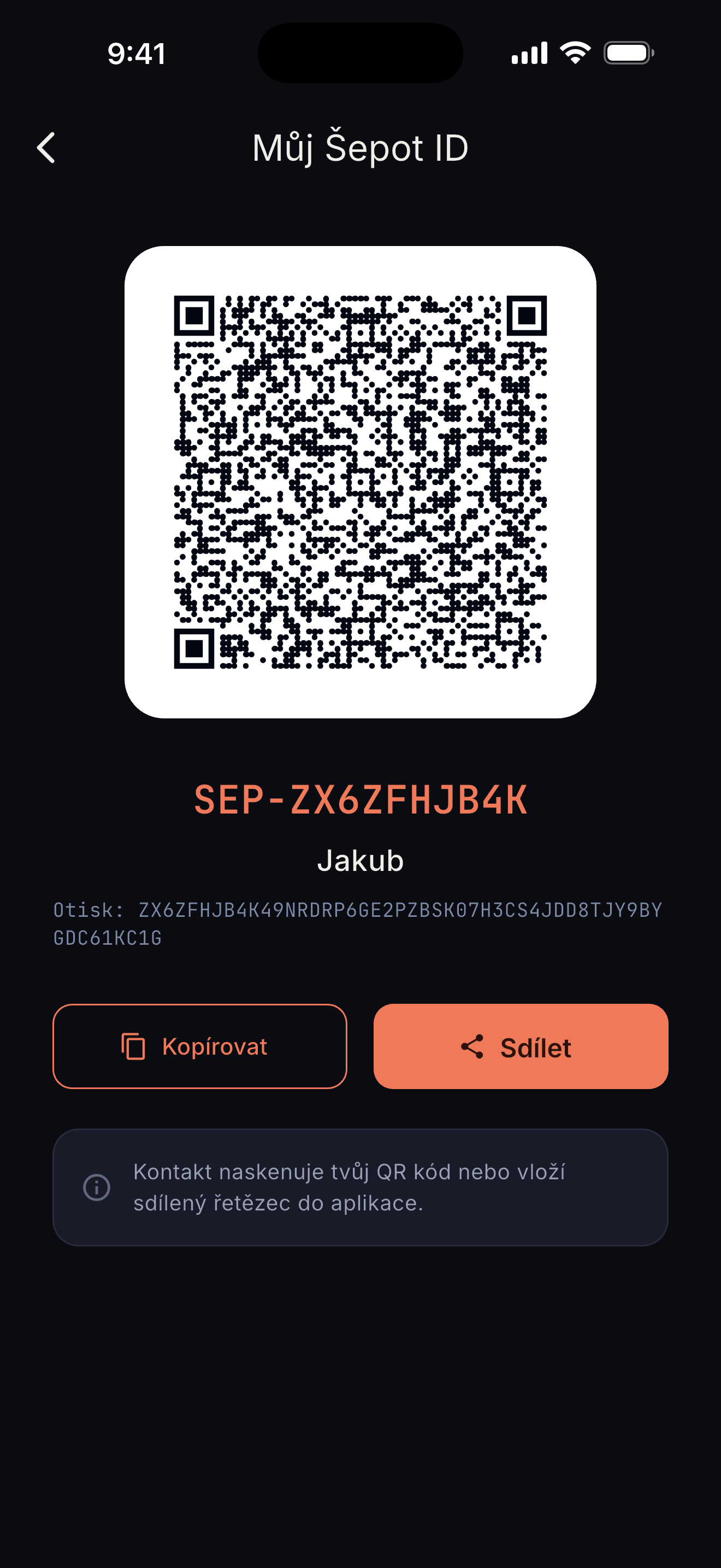Sdílení kontaktu přes QR kód — Šepot ID